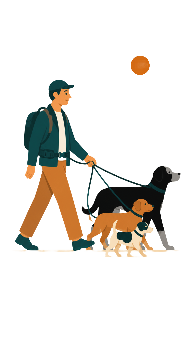 Paseador caminando con tres perros
